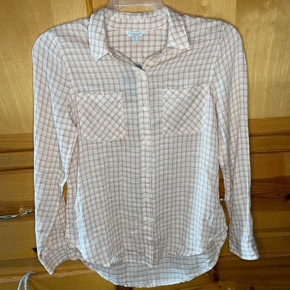 NWT Lucky Brand Tan Plaid Button-Up Shirt Size Small